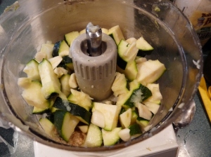 Zucchini (Courgette) and lemon juice etc. waiting for whizzing.
